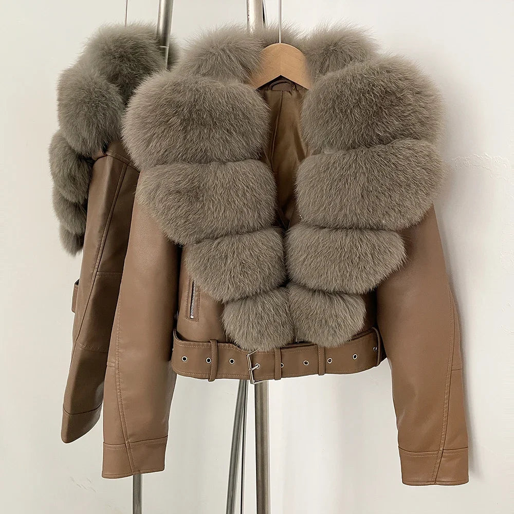 Fake Leather Coat New Natural Fox Fur Autumn Short Faux Leather Jacket Female Spring PU Women Long Sleeve Real Fur Coat Thin