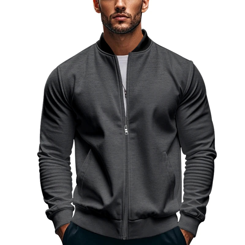 2024 New Spring And Autumn Men's Stand Collar Jacket Solid Color Leisure Sports Long Sleeve Zipper Coat Straight Tube Large Size