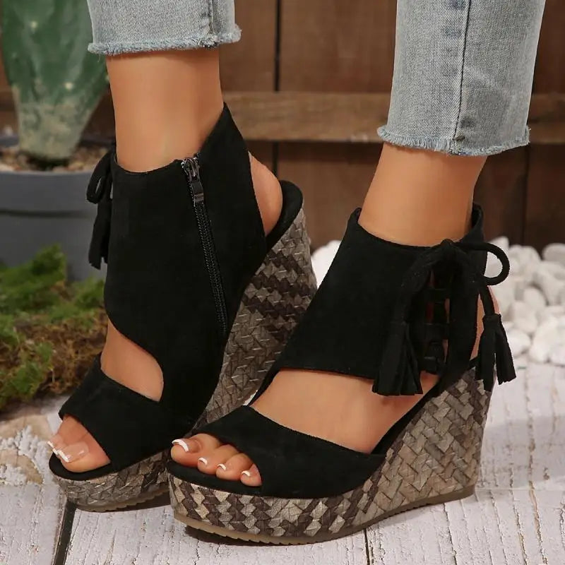 Bohemia Tassel Decoration Side Zip Sandals Women 2026 Summer Chunky Platform Wedge Heel Sandals Sexy Super High Heel Beach Shoes