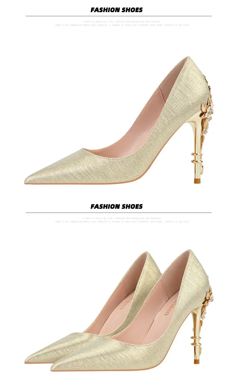 High End Metal Flower High Heels New European American Fashion Luxury Sexy Pointed Women's Shoes Banquet Party Casual Shoes