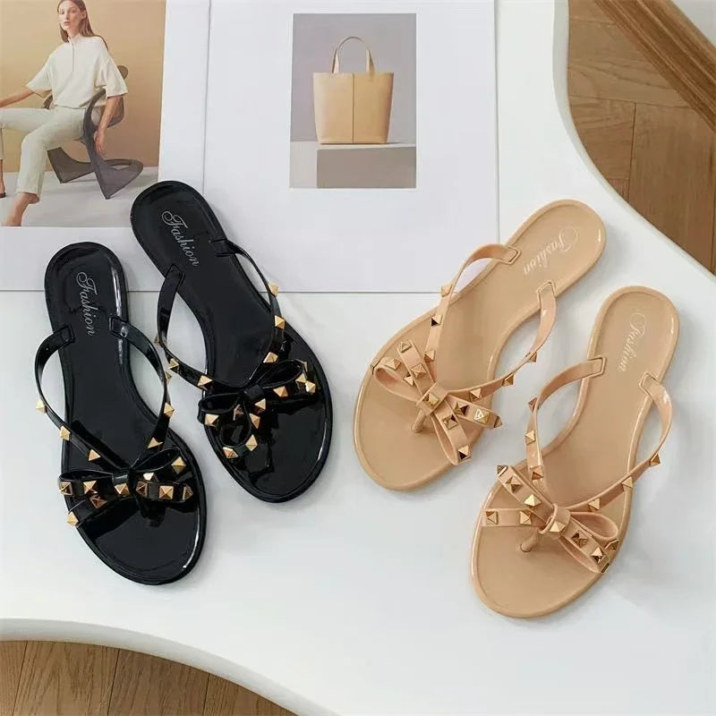 Summer Women Slippers Bow Flip Flops Rivet Flats Sandals Outdoor Transparent Crystal Beach Shoes Female Open Toe Shoes