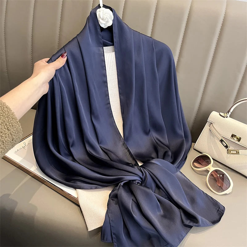 2024 Luxury Brand Silk Scarf for Women Large Shawl Wrap Headband Solid Design Hijab Beach Stoles Female Foulard Echarpe Bandana