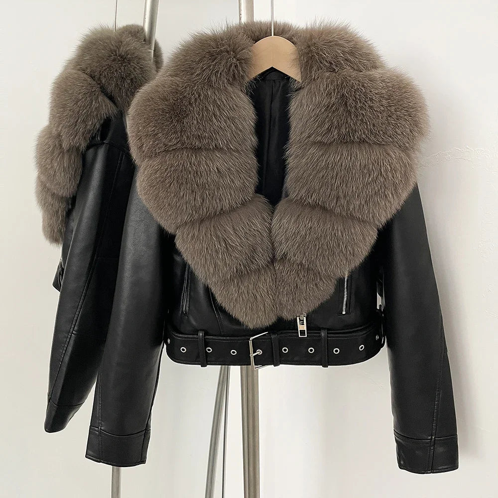 Faux PU Leather Jacket Natural Fox Fur Female New Autumn Short Top Clothing Women Long Sleeve Fake Leather Coat Real Fur Coat