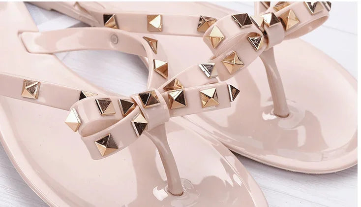 Women Low Pricing  Jelly Shoes Rivets Studs Bow-Knot Leisure Daily Flip-Flops For Raining Days Anti-Slip Flat Slippers Zoris 36