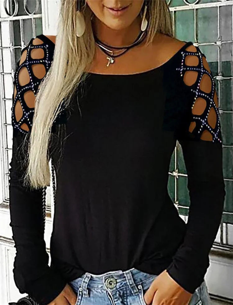 European and AmericanCross Border New Women's Round Neck Hot Diamond Hollow Long Sleeve Top T-shirt