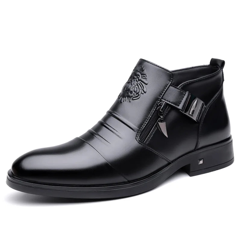 Men's Pointed Toe Dress Shoes Double Side Zippers Business Casual Low Top Boots Comfortable Formal Leather Shoes for Work Office