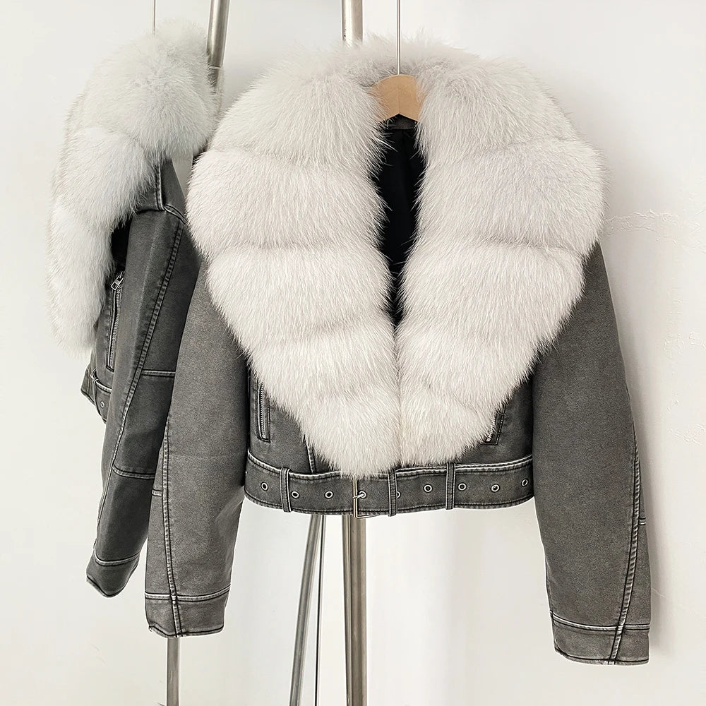Elegant Faux Leather Jacket Female New Natural Fox Fur Autumn Short Top Clothing PU Women Long Sleeve Fake Leather Real Fur Coat