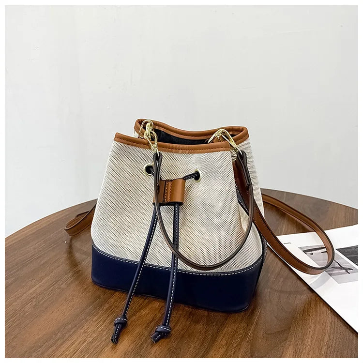 Canvas Bucket Bag Luxury Designer Handbags Women PU Shoulder Bag Fashion Crossbody Daily Commuting Tote Bag