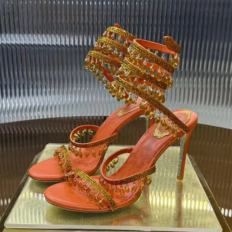 Summer High Heels Sandals Women Rhinestone String Bead Ankle Snake Twine Around Wedding Shoes Lady Gladiator Sandals Woman