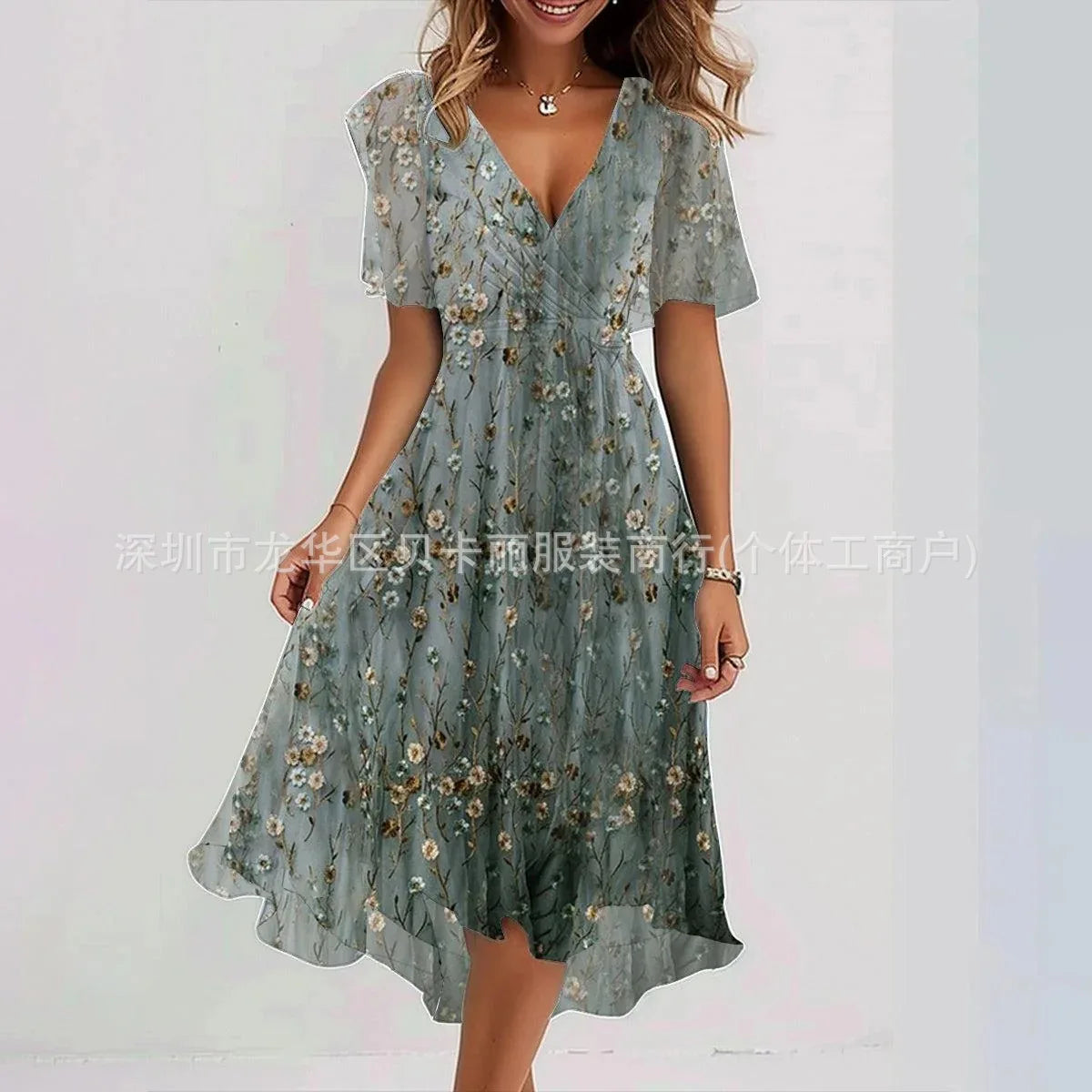 Elegant Floral Print Boho Party Dress Summer V Neck Short Sleeve Knee Length Vestidos BKLFZ-1616