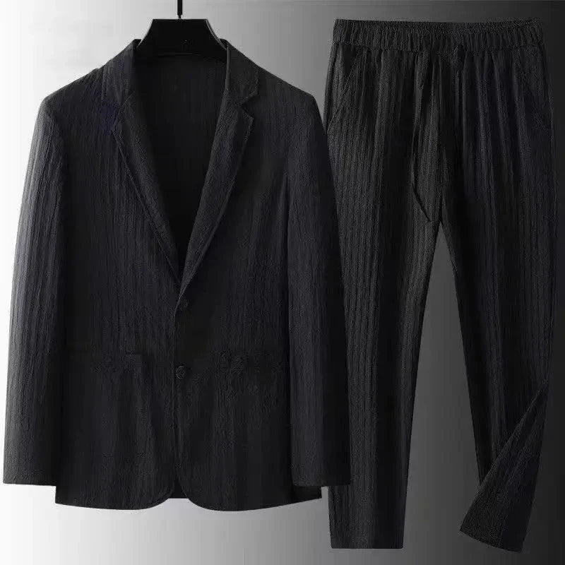 2026 Spring Summer Men 2 Piece Textured Business Suit White Lightweight Vest Jacket Elastic Waist Pants Office Casual Outfit