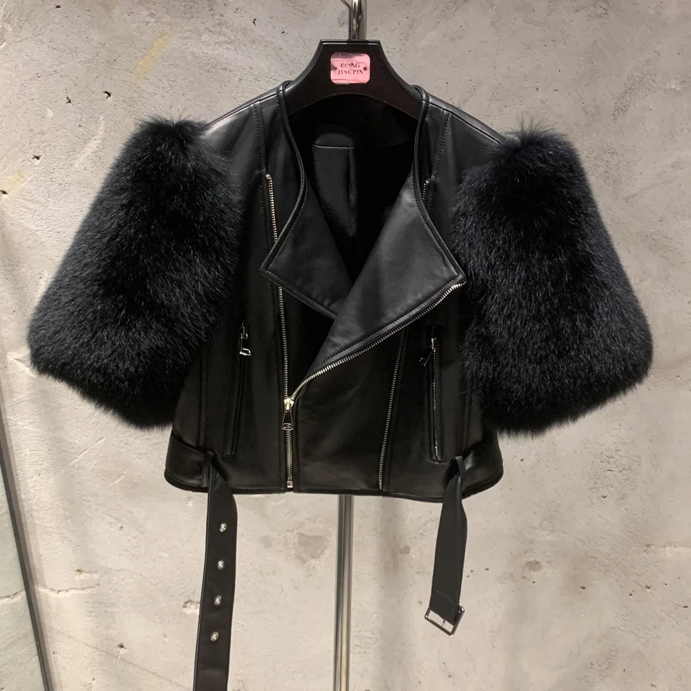 Leather Fur Jacket Natural Fur Sleeve Ladies Short Leather Jacket Real Fox Fur Sleeve Coat Women Autumn 21001-1
