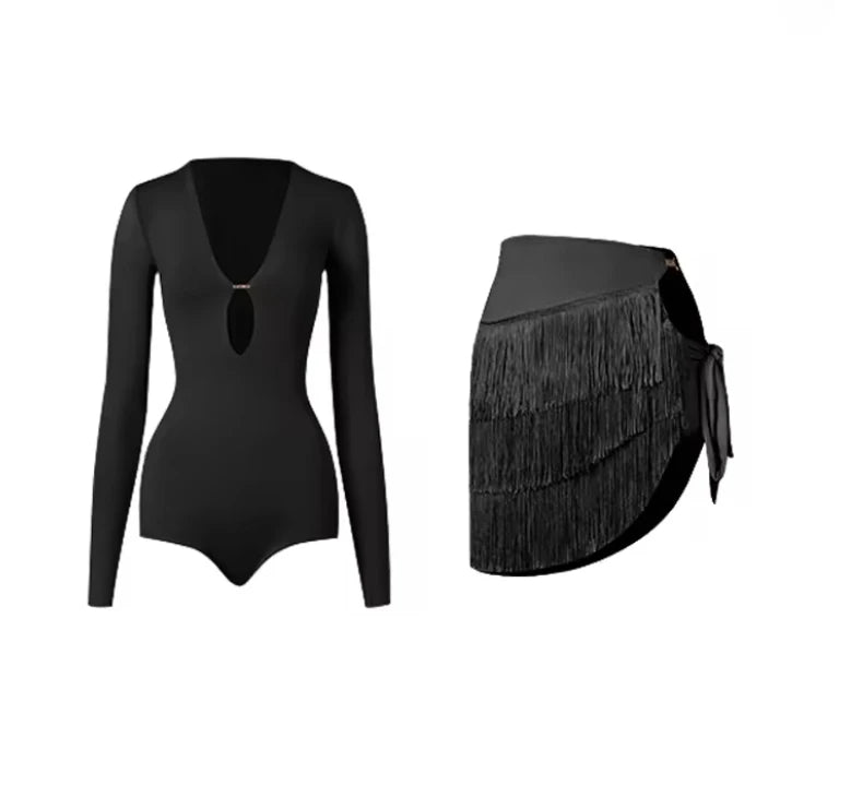 Adult Latin Dance Fringed Dress for Women Long-sleeved Bodysuit Tops Tassel Skirt Set Cha-cha Samba Training Performance Costume
