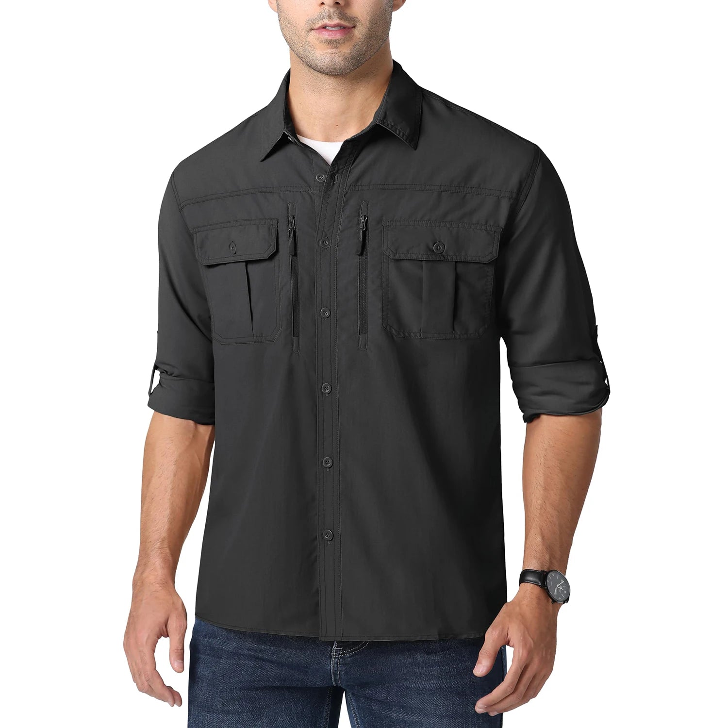 MAGCOMSEN Men UPF 50+ Safari Cargo Shirt Quick Dry Mesh Breathable Long Sleeve Zip Pockets Outdoor Hiking Fishing Work Tops