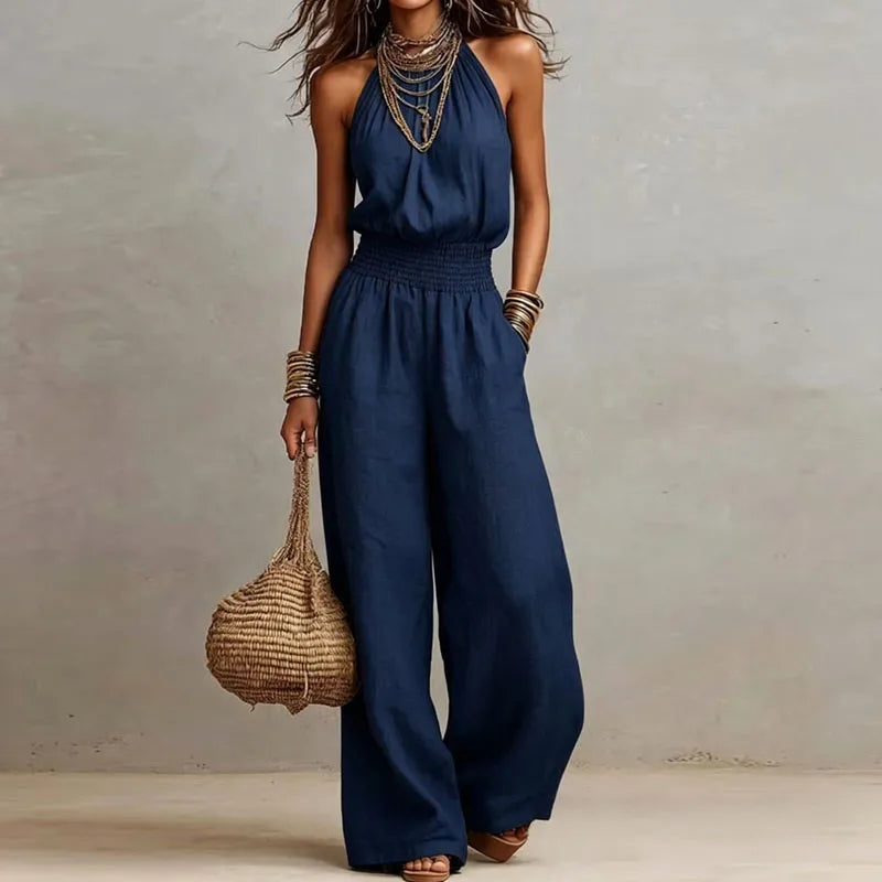 Boho Halter Backless Jumpsuit  Wide Leg Summer Romper