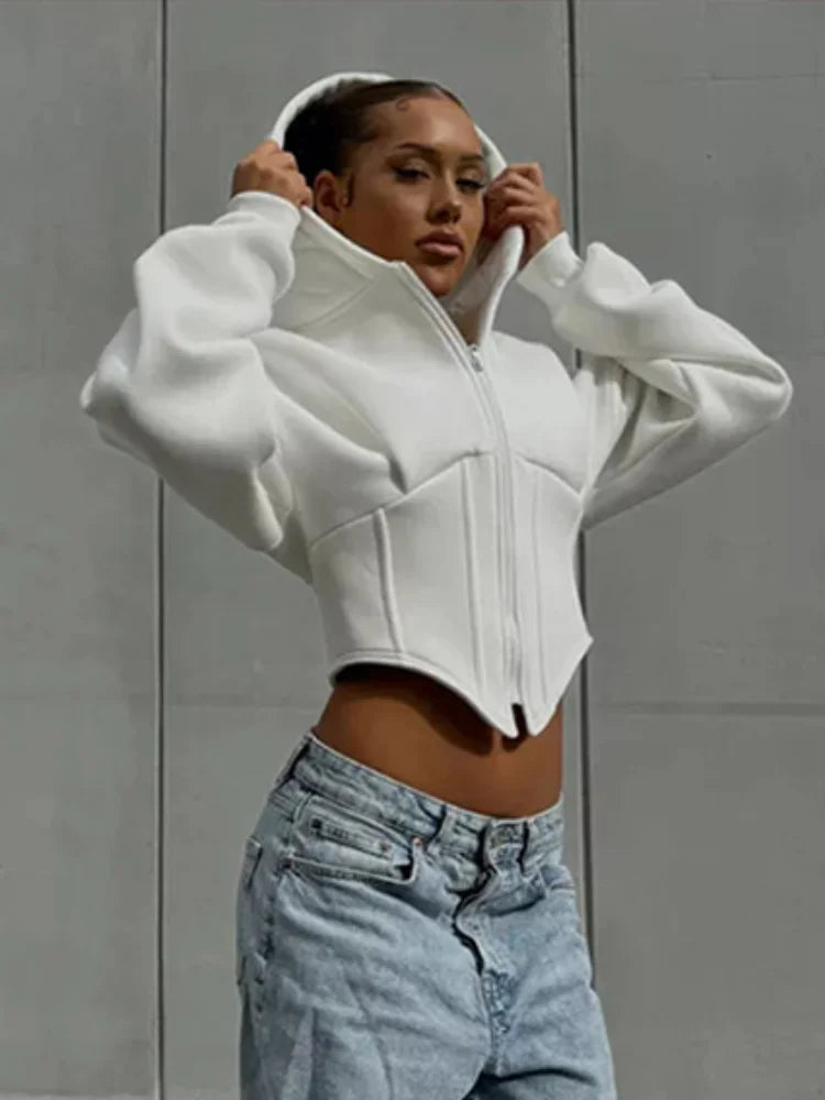 Street Women's Solid Hooded Sweatshirt Jacket Slim Long Sleeved Zipper Waist Cinching Cropped Jackets 2026 Autumn Lady Suits New