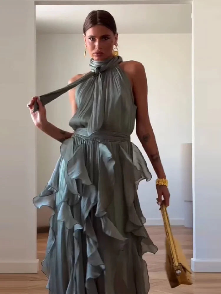 Elegant Halter Neck Satin Maxi Dresses For Women Ruffle Hem Pleated Waist Formal Evening Gown 2026 Vacation Vestidos