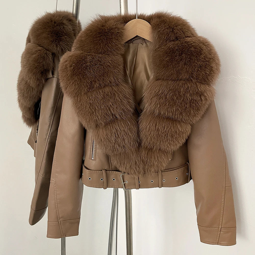 Elegant Faux Leather Jacket Female New Natural Fox Fur Autumn Short Top Clothing PU Women Long Sleeve Fake Leather Real Fur Coat