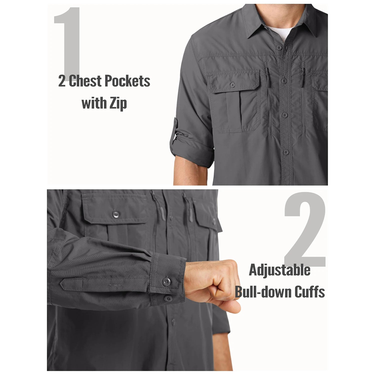 MAGCOMSEN Men UPF 50+ Safari Cargo Shirt Quick Dry Mesh Breathable Long Sleeve Zip Pockets Outdoor Hiking Fishing Work Tops
