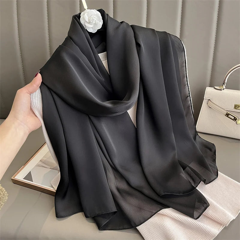 2024 Luxury Brand Silk Scarf for Women Large Shawl Wrap Headband Solid Design Hijab Beach Stoles Female Foulard Echarpe Bandana