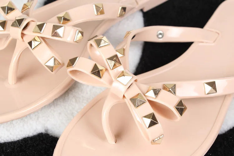Ladies Leisure Waterproof Shoes Summer Zoris Slippers In Flats Clear Yellow Flip-Flops With Gold Stud Bow-Knot PVC Slides 36-42