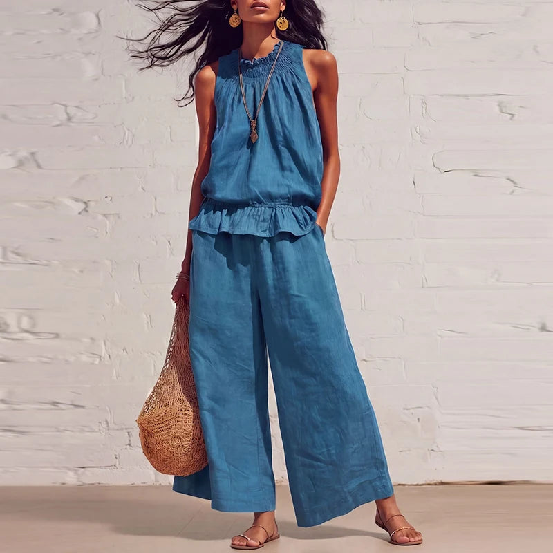 Summer Cotton Linen Solid Color Sleeveless Vest Top Women Pants Suit Casual Pocket Elegant Female Office Retro 2 Piece Set