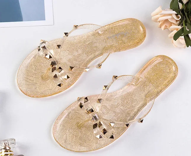 Women Low Pricing  Jelly Shoes Rivets Studs Bow-Knot Leisure Daily Flip-Flops For Raining Days Anti-Slip Flat Slippers Zoris 36