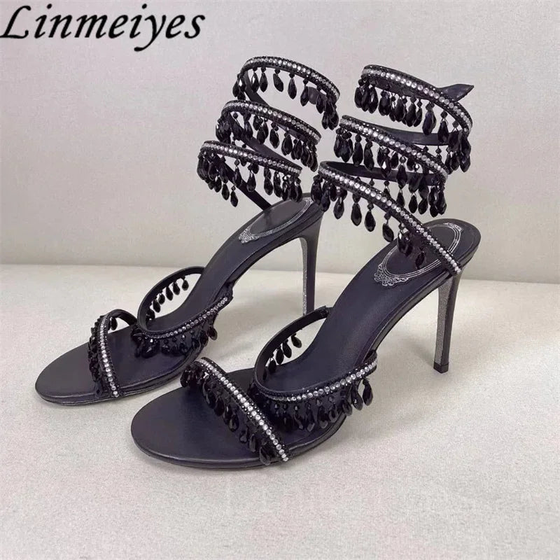 Summer High Heels Sandals Women Rhinestone String Bead Ankle Snake Twine Around Wedding Shoes Lady Gladiator Sandals Woman