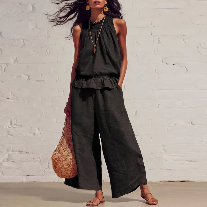 Summer Cotton Linen Solid Color Sleeveless Vest Top Women Pants Suit Casual Pocket Elegant Female Office Retro 2 Piece Set