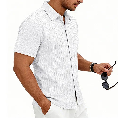 European and American Men's Casual Jacquard Shirt Men's Summer Solid Color Lapel Breathable Men's Short-Sleeved Shirt Top