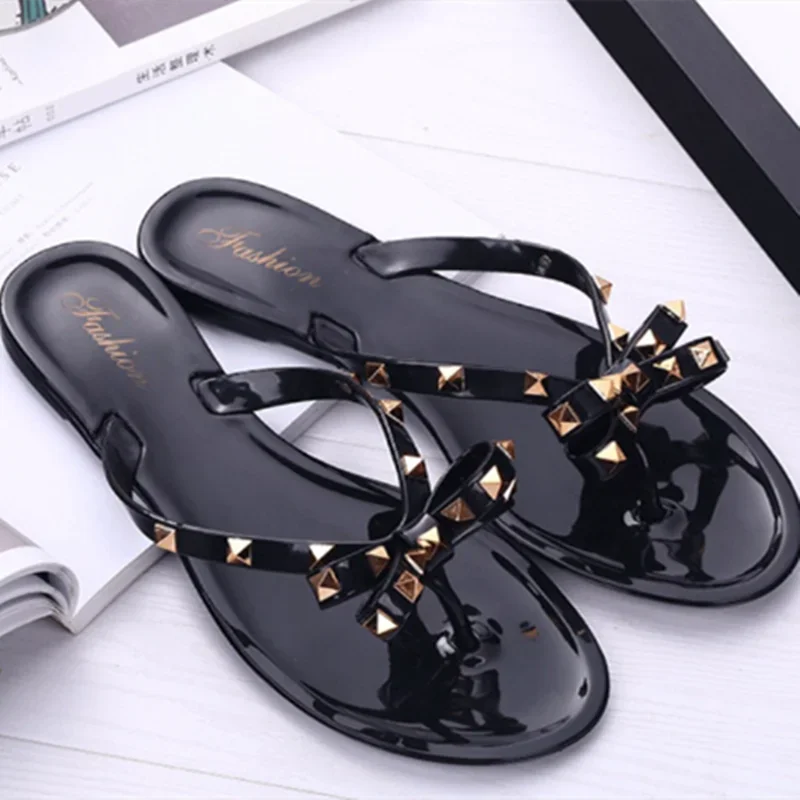 Women Low Pricing  Jelly Shoes Rivets Studs Bow-Knot Leisure Daily Flip-Flops For Raining Days Anti-Slip Flat Slippers Zoris 36