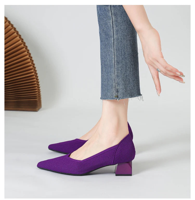 2026 New Women's High Heels Large 42/43 Fashion Pointed Anti slip Rubber Bottom Knitted Breathable Shoes