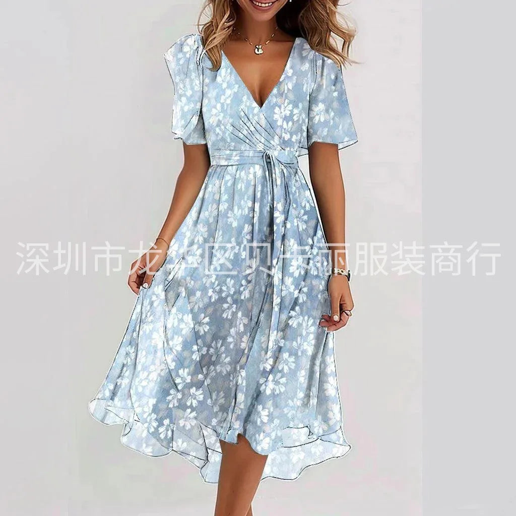 Elegant Floral Print Boho Party Dress Summer V Neck Short Sleeve Knee Length Vestidos BKLFZ-1616
