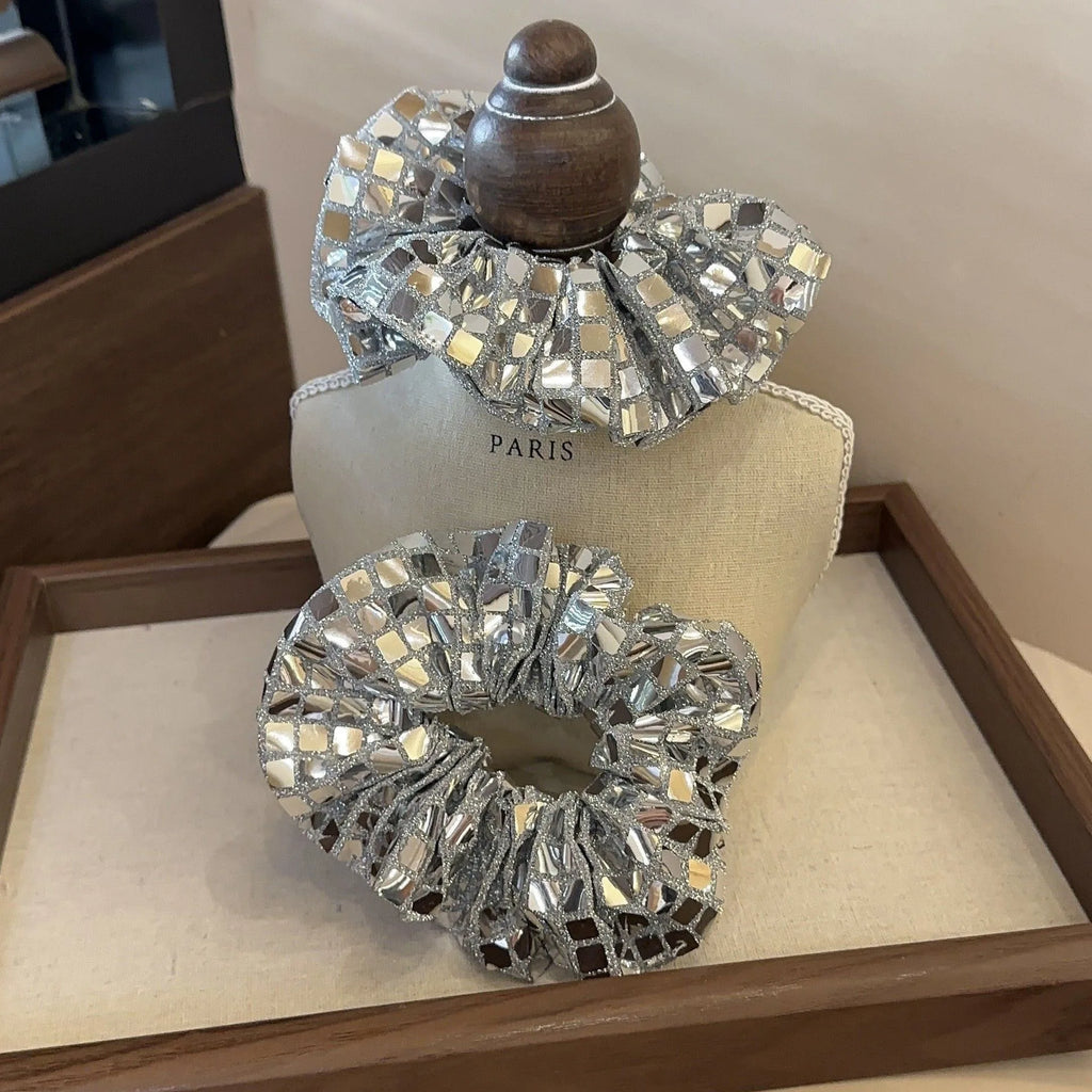 Shiny Sequin Hair Scrunchies Silver Glitter Hair Ties for Women Girls Daily Party Hair Accessories Gift
