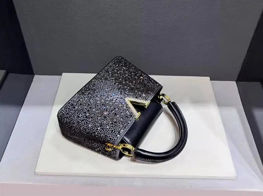 High Luxury Genuine Leather Diamonds Tote Women's Handbags 2025 Small Evening Bag V Letter Rhinestone Shoulder Crossbody Bags