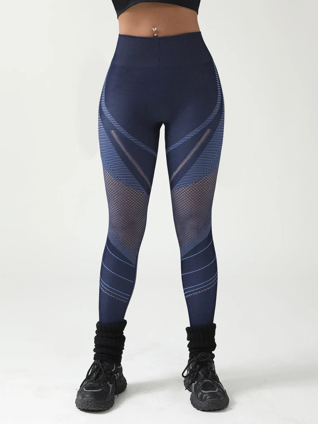 Seamless Hollow Mesh Panel Scrunch Booty Leggings High Waist Workout Sports Tights