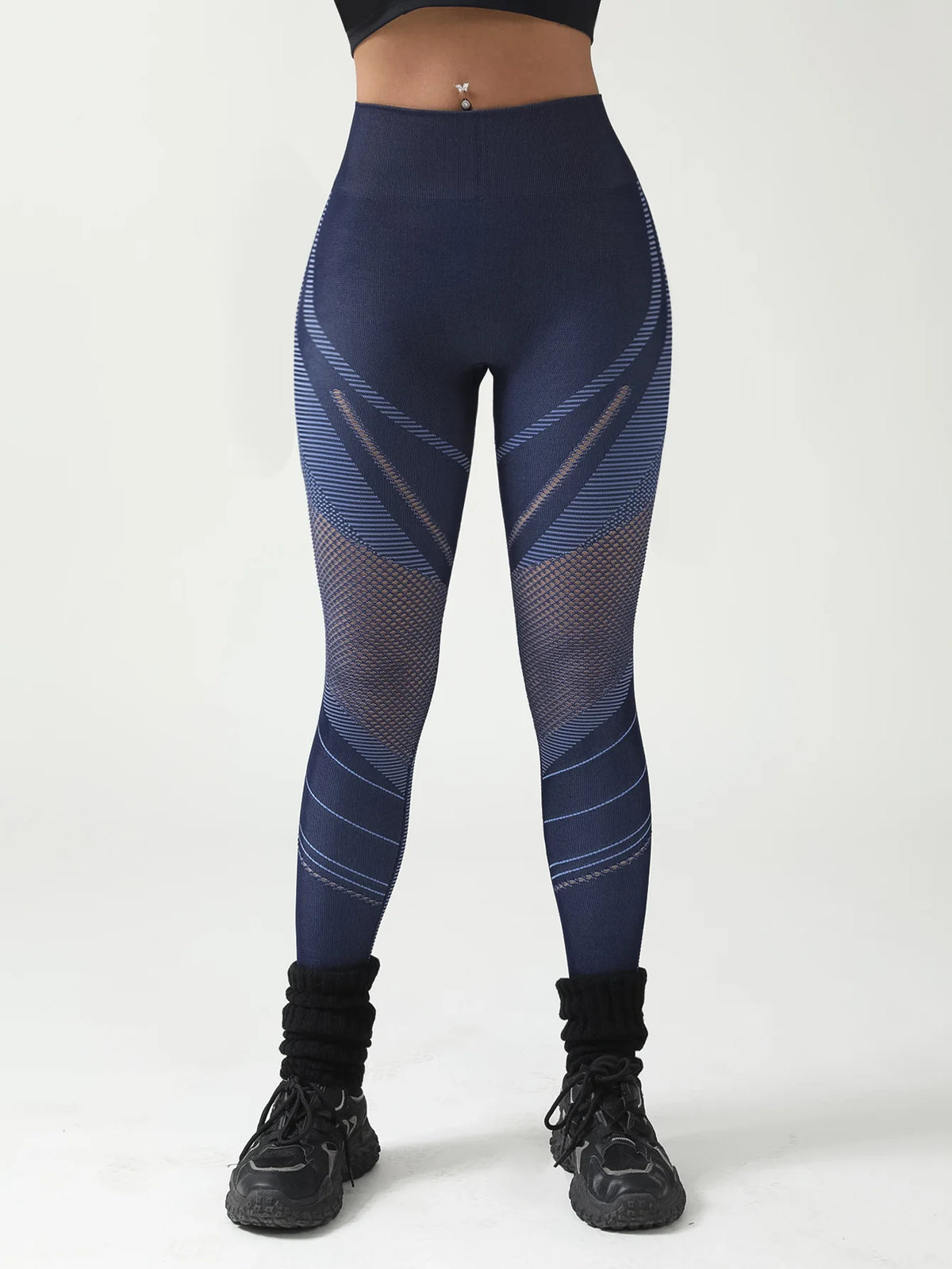 Seamless Hollow Mesh Panel Scrunch Booty Leggings High Waist Workout Sports Tights