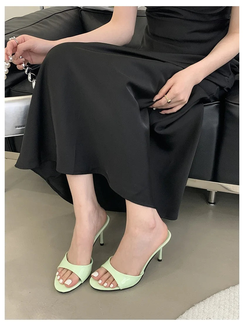 2026 Fashion Sexy Thin High Heels Slides Women Open Toe Pumps Slip Sandal Female Slippers Mule Patent Leather Outdoor Flip Flops