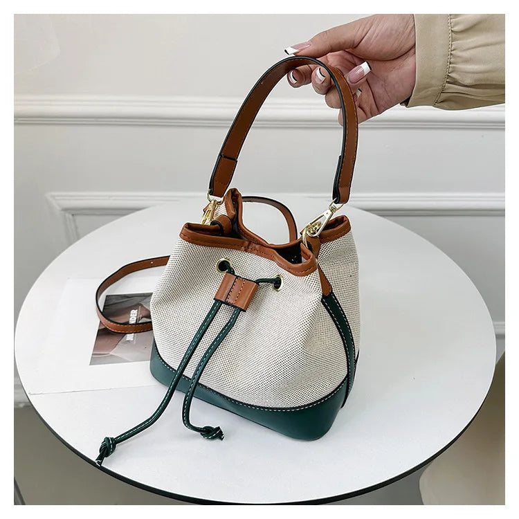 Canvas Bucket Bag Luxury Designer Handbags Women PU Shoulder Bag Fashion Crossbody Daily Commuting Tote Bag