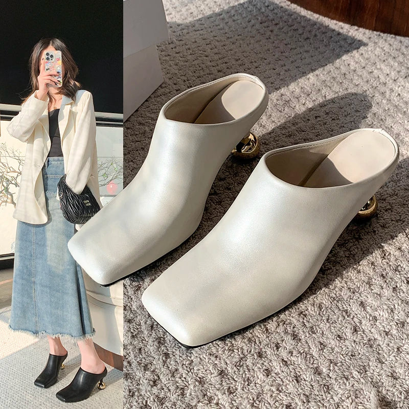 White Sheepskin Square Head Women's Slipper Baotou Textured Elegant Commuter Casual Simple Sense of Classic Wine Glass Heels New