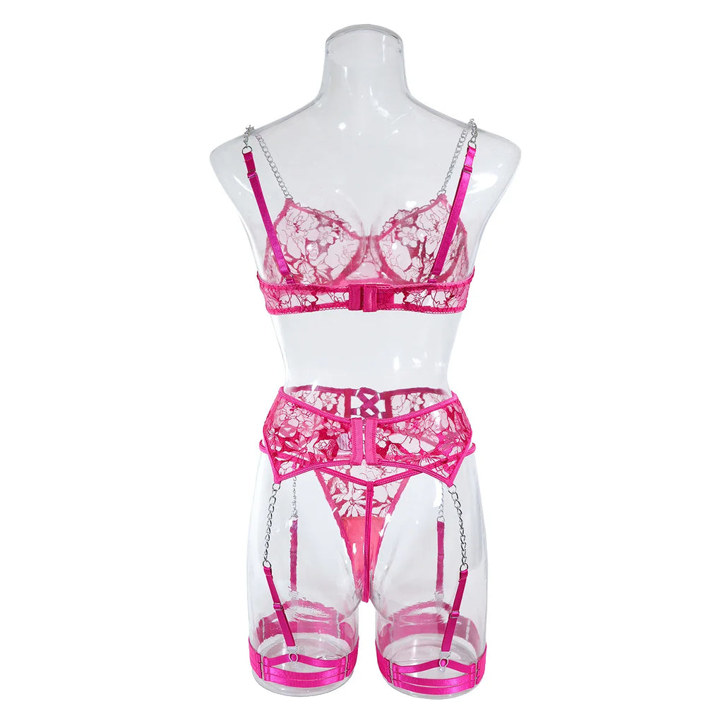 Fancy Floral Embroidery Lingerie Set Sexy Women Transparent Mesh Sheer Erotic Suit Metal Chain Bra Thong Garter Underwear Set