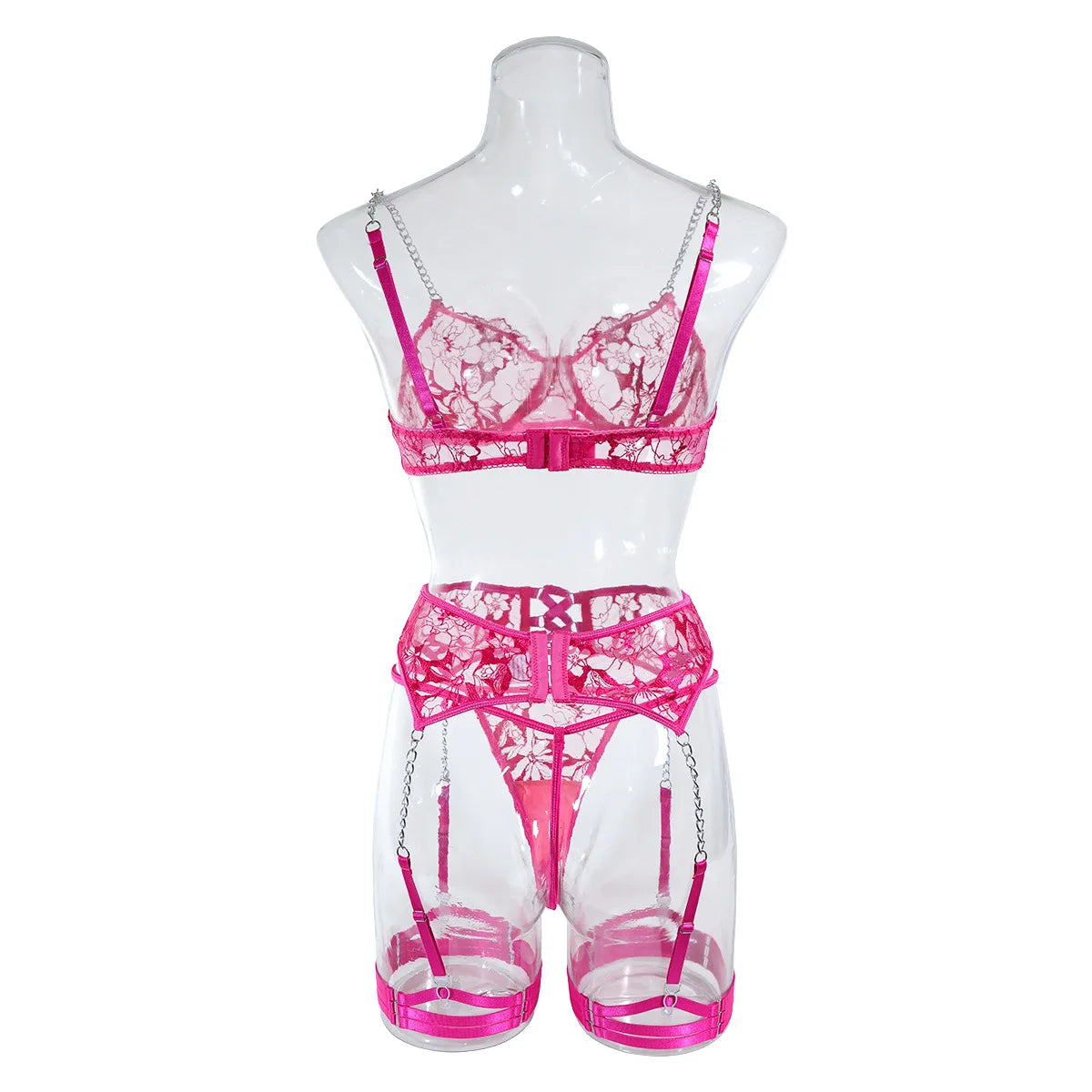 Fancy Floral Embroidery Lingerie Set Sexy Women Transparent Mesh Sheer Erotic Suit Metal Chain Bra Thong Garter Underwear Set