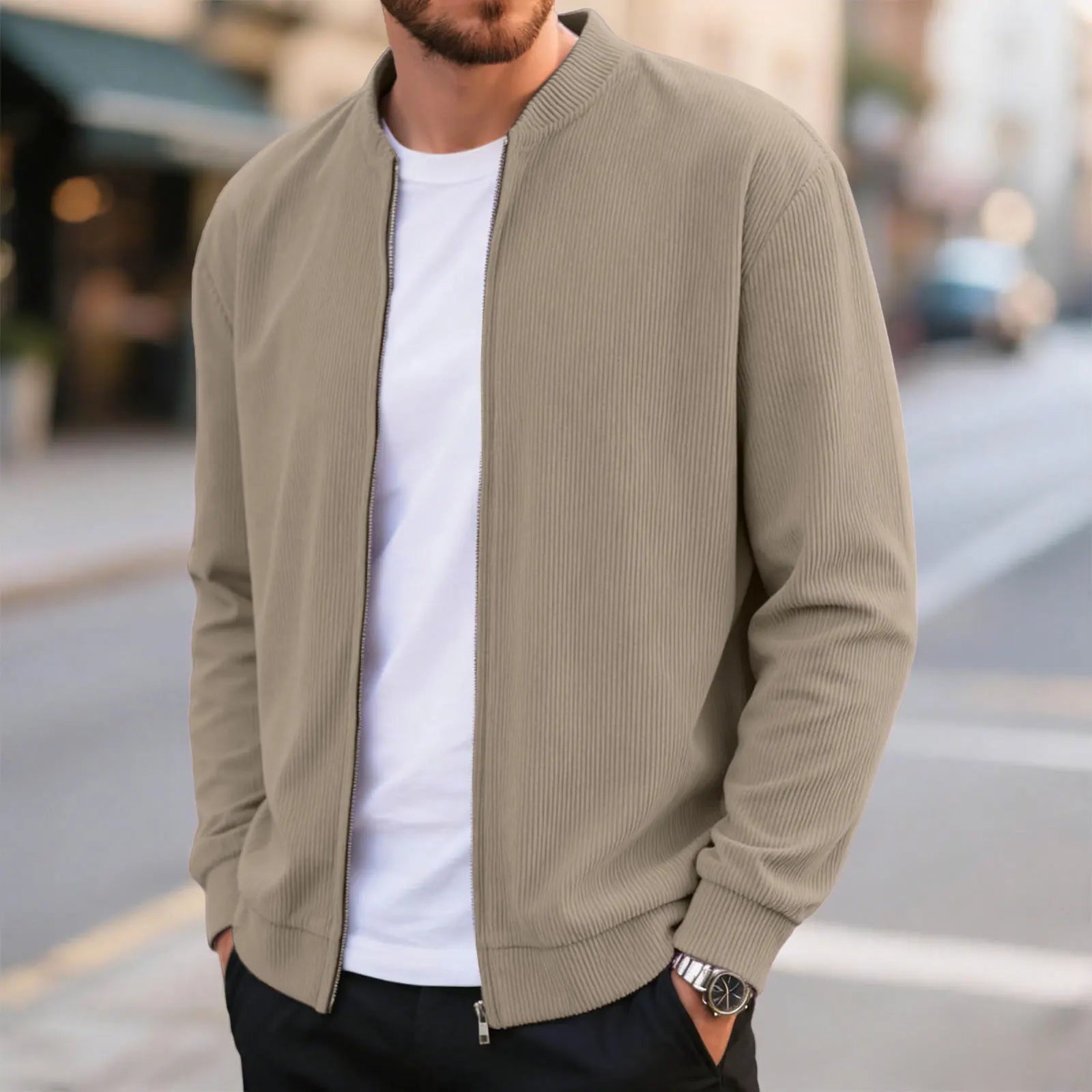 Corduroy Solid Color Men'S Casual Coat Round Neck Zipper Long Sleeve Outerwear Autumn/Winter Stylish Male Jacket Overcoat