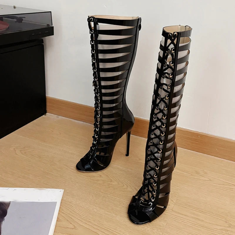 Liyke Fashion Hollow Out Cross Strap Knee High Boots Sandals Women Zip Sexy Peep Toe Stripper Heels Shoes Female Long Booties