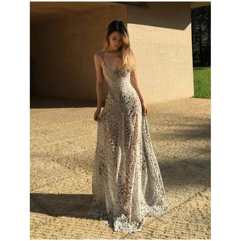 Women's Leopard Print Long Maxi Dress Halter Neck Plunge Front Tiered Ruffle Mermaid Skirt Elegant Party Cocktail Daily Gowns