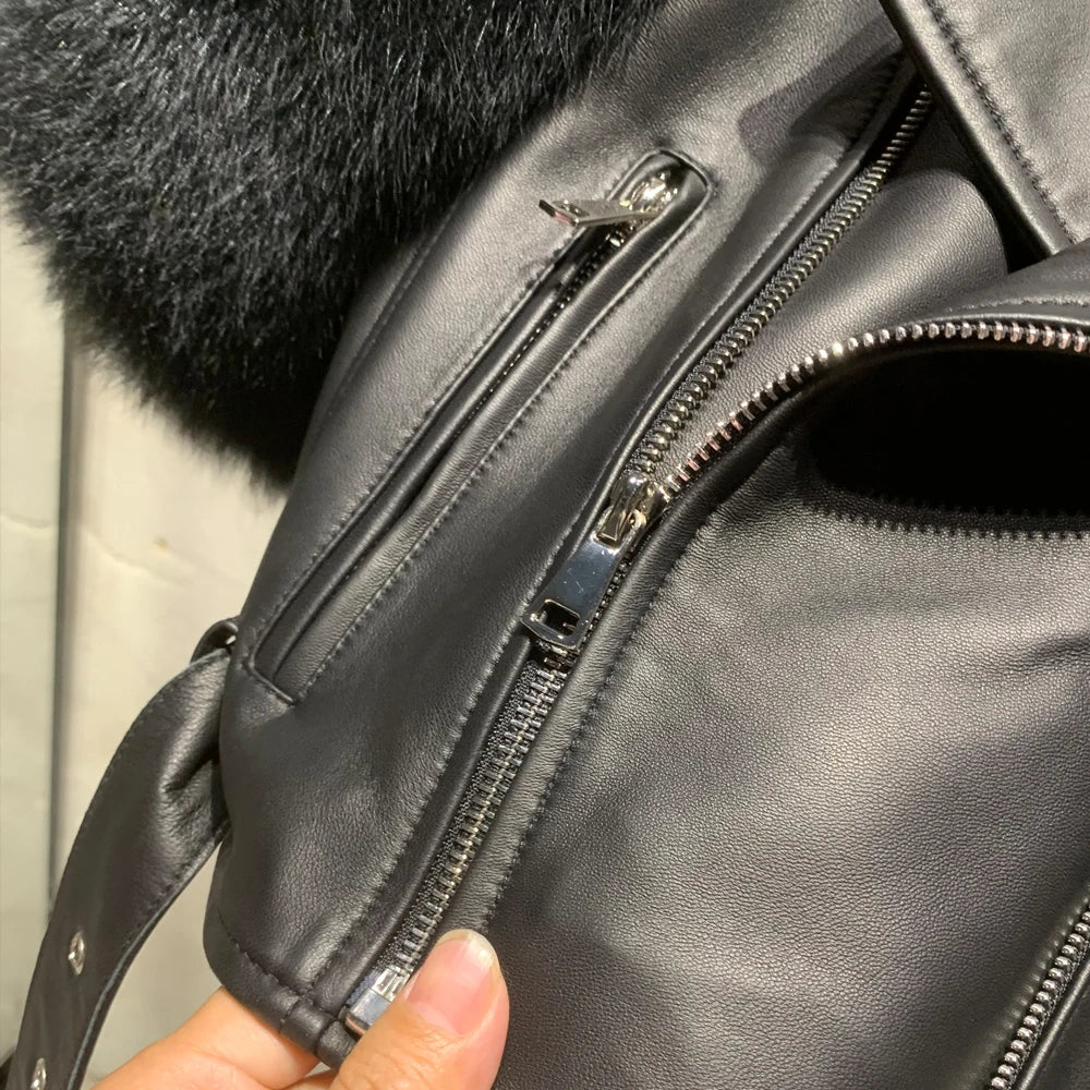 Leather Fur Jacket Natural Fur Sleeve Ladies Short Leather Jacket Real Fox Fur Sleeve Coat Women Autumn 21001-1