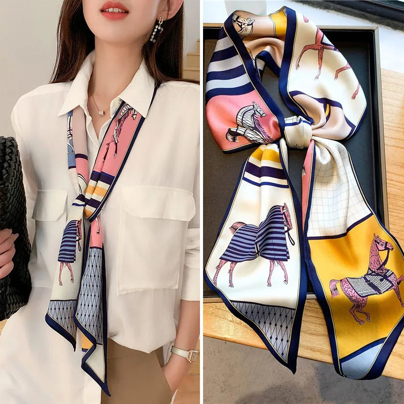 Fashion Blue Print Silk Scarf Women Soft Satin Horse Hairband Bevel Neckerchief Office Hijab Headband Foulard Bag Ribbons Gift