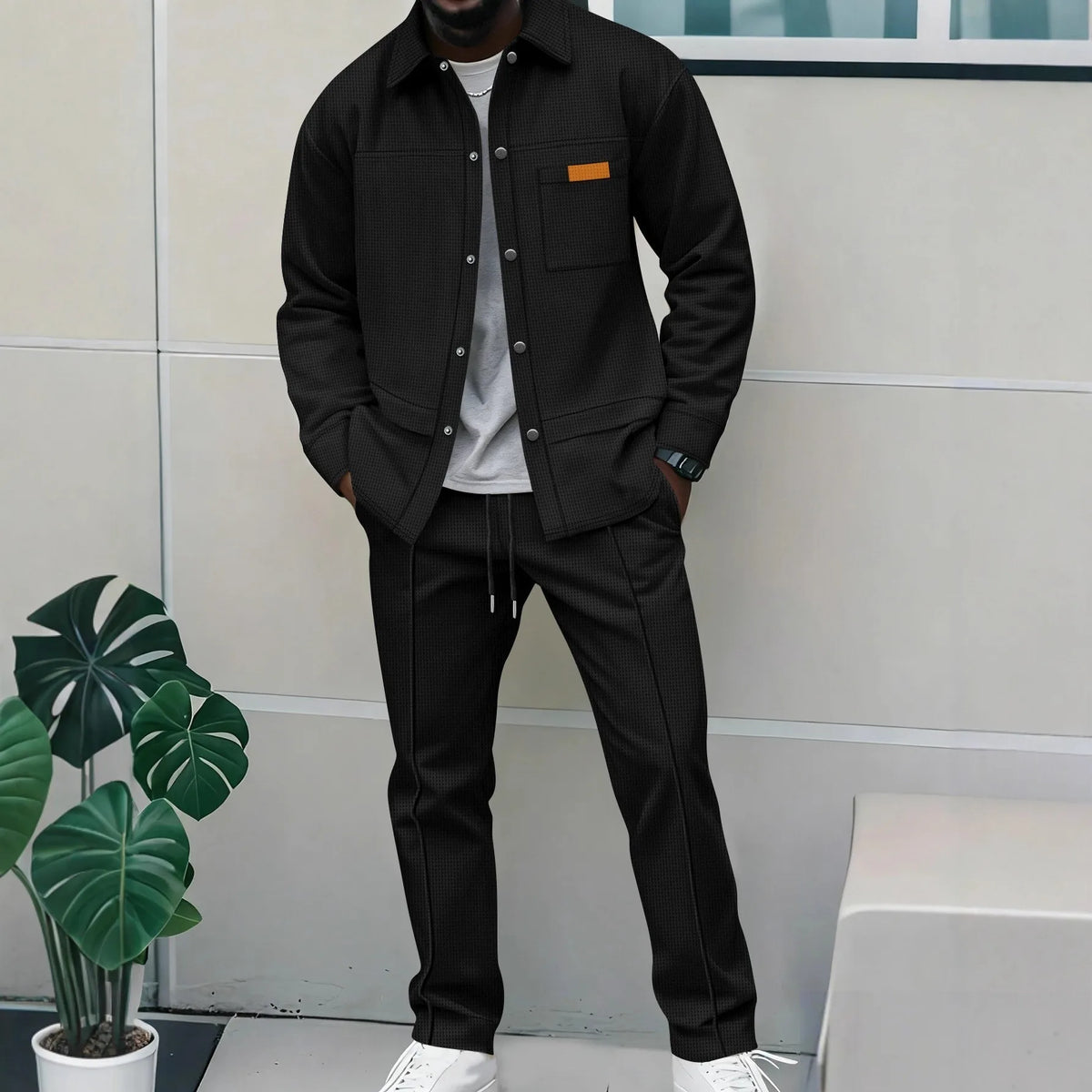 Men's Waffle Knit 2-Piece Tracksuit Button Down Jacket & Drawstring Pants Set Casual Streetwear Outfit with Chest Patch