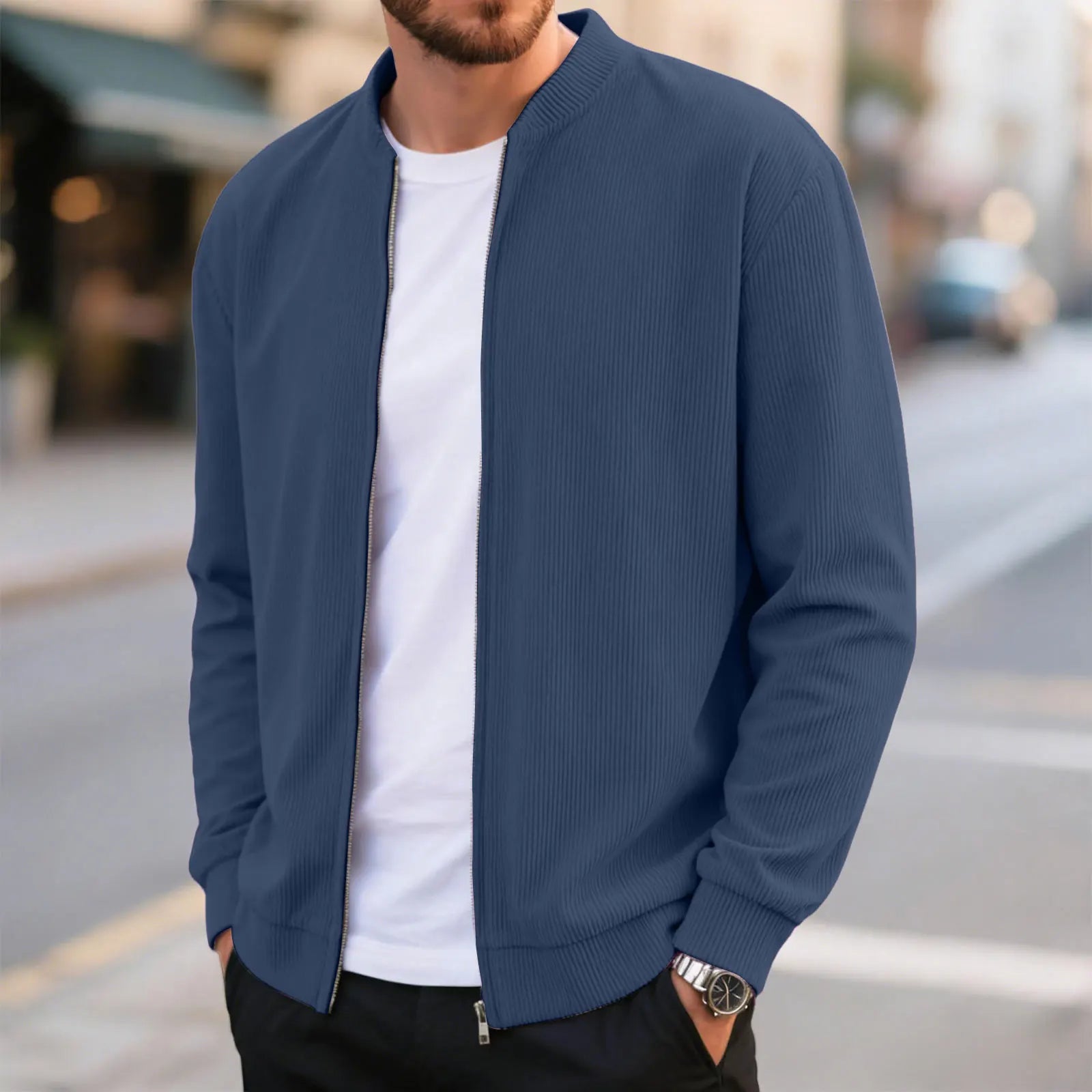 Corduroy Solid Color Men'S Casual Coat Round Neck Zipper Long Sleeve Outerwear Autumn/Winter Stylish Male Jacket Overcoat