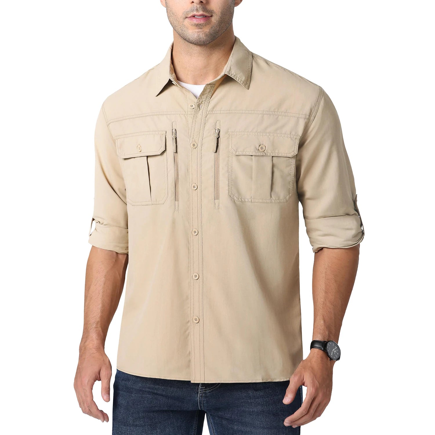 MAGCOMSEN Men UPF 50+ Safari Cargo Shirt Quick Dry Mesh Breathable Long Sleeve Zip Pockets Outdoor Hiking Fishing Work Tops